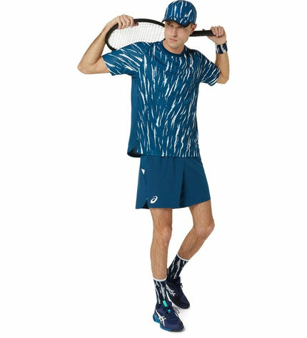 Asics blue short-sleeve tennis sport T-shirt with breathable fabric and athletic fit, ideal for tennis and outdoor sports.