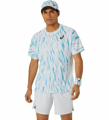 Asics tennis sport T-shirt with short sleeves in light blue, designed for outdoor tennis and active sports.