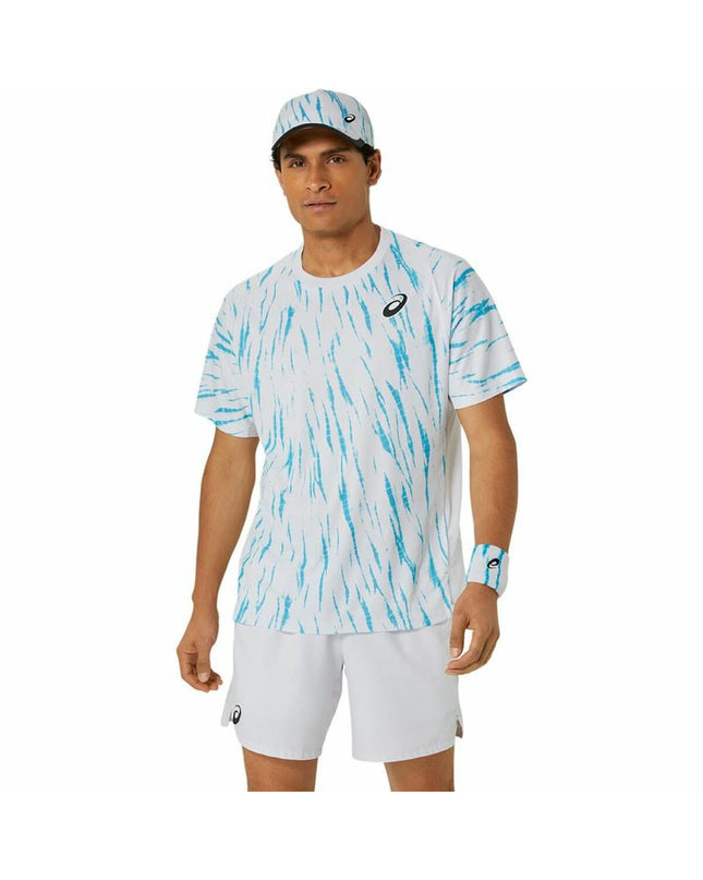 Asics tennis sport T-shirt with short sleeves in light blue, designed for outdoor tennis and active sports.