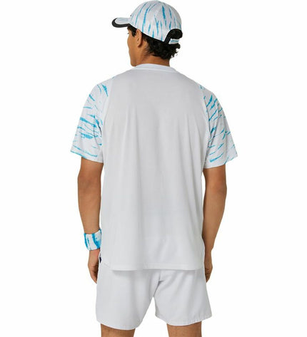 Light blue Asics tennis sport T-shirt with short sleeves, designed for outdoor tennis activities and athletic performance.