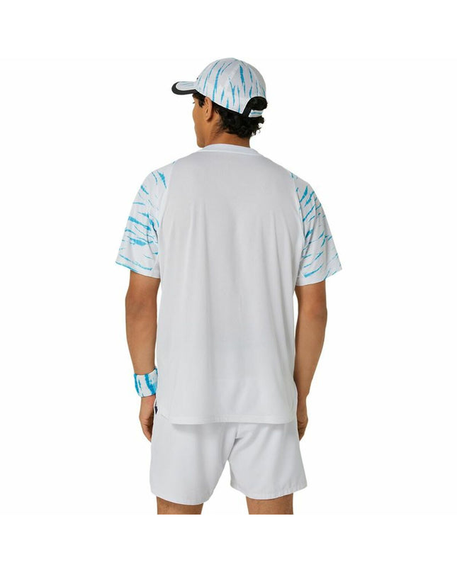 Light blue Asics tennis sport T-shirt with short sleeves, designed for outdoor tennis activities and athletic performance.