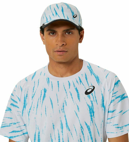 Asics tennis sport T-shirt with short sleeves in light blue, designed for outdoor tennis and active sports.