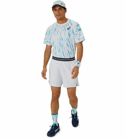 Asics light blue short-sleeve tennis sport T-shirt, breathable athletic top with logo, designed for tennis and outdoor activities.