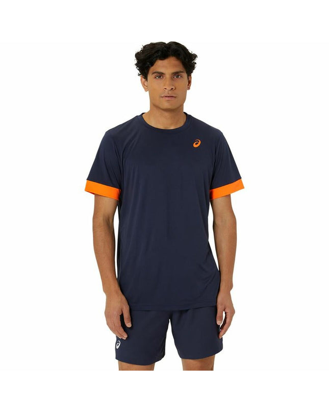 Blue Asics tennis sport T-shirt with short sleeves, designed for outdoor tennis, featuring breathable fabric and athletic fit.