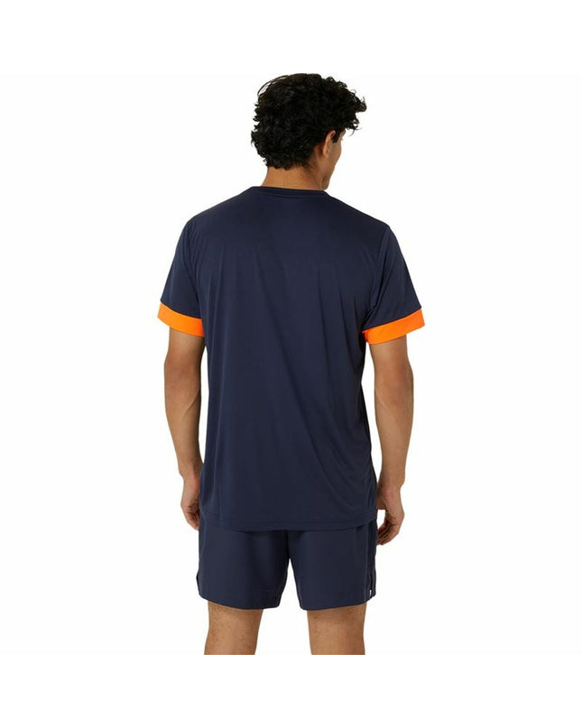 Blue Asics tennis short-sleeve sport T-shirt, lightweight athletic top designed for tennis and outdoor sports.