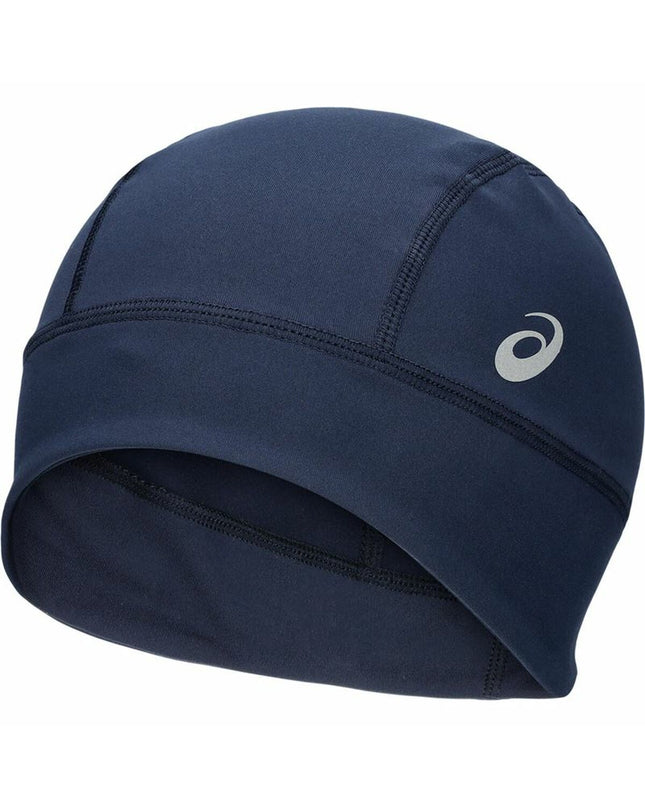 Asics winter run beanie in dark blue, sporty outdoor tennis cap with snug fit and soft fabric for cold weather running.