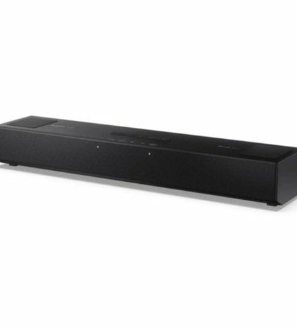 Black Sharp HT-SB700 soundbar for home audio, sleek design with multiple speaker drivers and modern electronics.