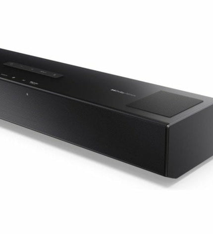 Sharp HT-SB700 black soundbar with sleek design, featuring multiple audio ports and a compact, modern look for home entertainment systems.