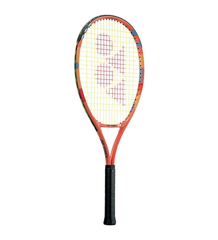 Yonex Junior 25 orange tennis racket for kids, lightweight sport equipment, shown with a padded grip and string pattern.