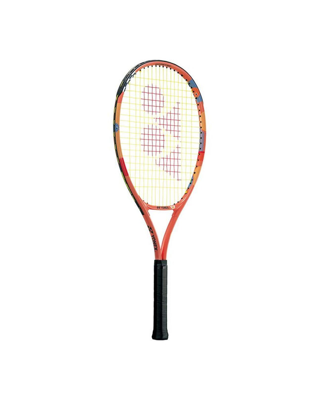 Yonex Junior 25 orange tennis racket for kids, lightweight sport equipment, shown with a padded grip and string pattern.