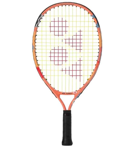 Yonex Junior 19 orange tennis racket for kids, lightweight sport and outdoor tennis equipment, with grip and strings visible.