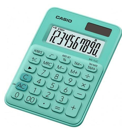 Green Casio calculator, office electronics, compact design with digital display, ideal for office or school use.