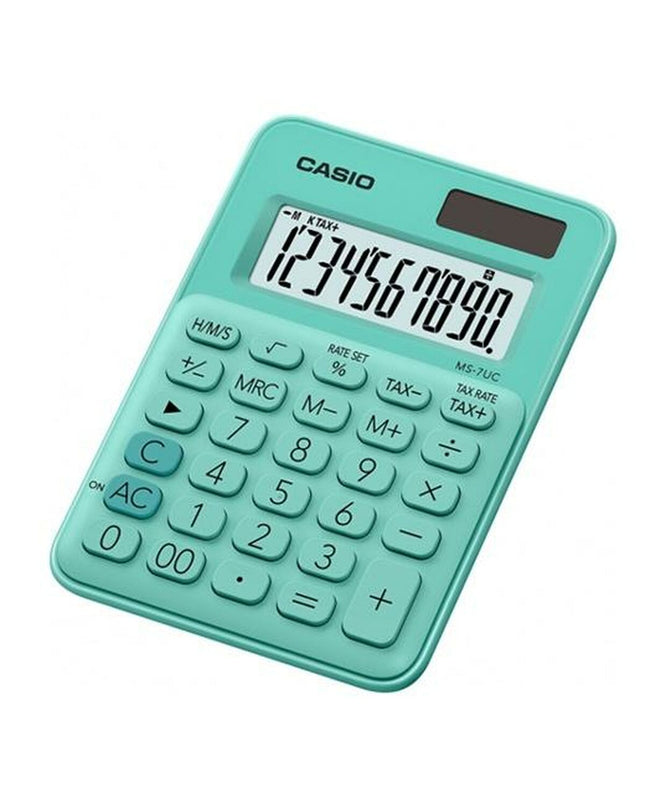 Green Casio calculator, office electronics, compact design with digital display, ideal for office or school use.
