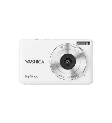 Yashica YAS-DG100P-WH compact digital camera with lens, buttons, and screen in a clean, modern design.