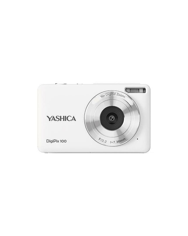 Yashica YAS-DG100P-WH compact digital camera with lens, buttons, and screen in a clean, modern design.