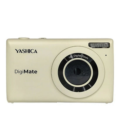 Yashica YAS-DGM100-OW compact digital camera, electronic photography device with lens and control buttons visible.
