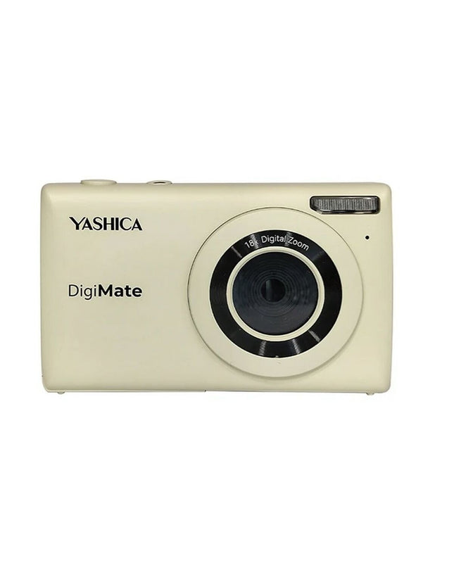 Yashica YAS-DGM100-OW compact digital camera, electronic photography device with lens and control buttons visible.