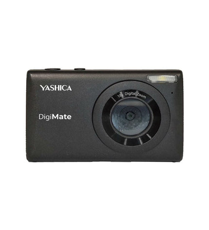 Black Yashica YAS-DGM100 compact digital camera, featuring a lens, buttons, and display screen for photography and videography.
