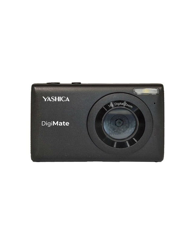 Black Yashica YAS-DGM100 compact digital camera, featuring a lens, buttons, and display screen for photography and videography.