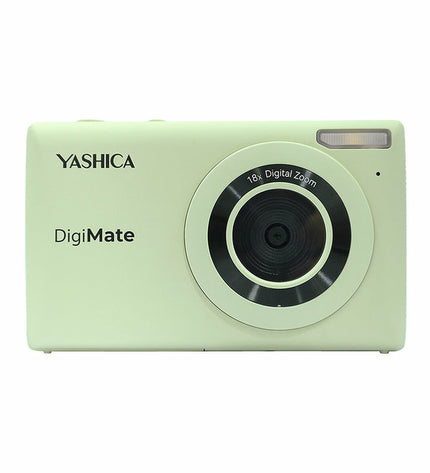 Yashica YAS-DGM100-GM compact digital camera with lens, black electronic photography device, front view showing controls.