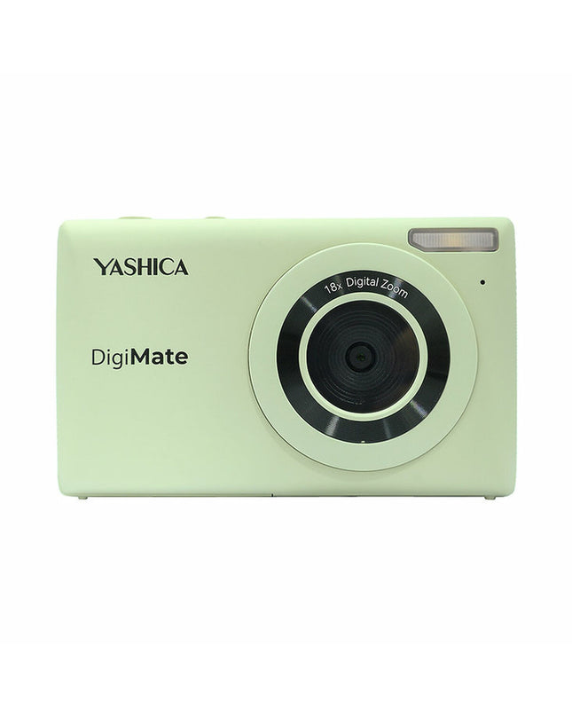 Yashica YAS-DGM100-GM compact digital camera with lens, black electronic photography device, front view showing controls.