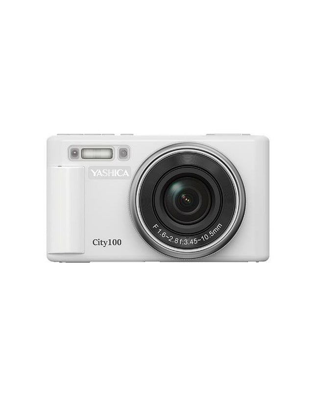 Yashica YAS-DGC100-WH compact digital camera with sleek white design, electronics, photography, and videocamera features.