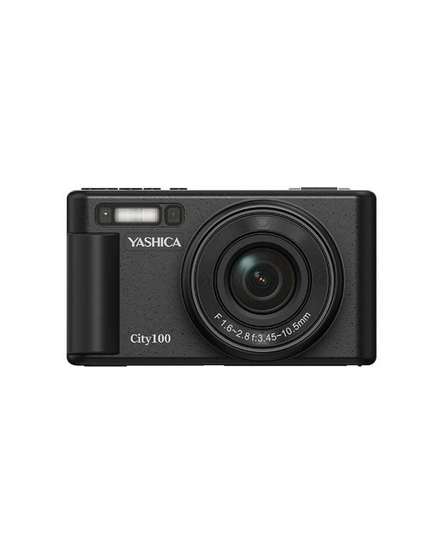 Yashica YAS-DGC100-BK compact digital camera with black body, electronic photography features, and lens in close-up view.