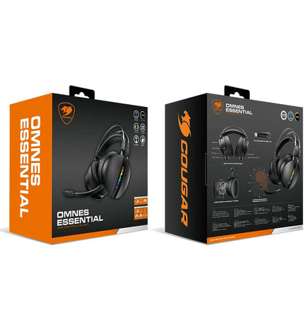 Cougar Omnes Essential gaming headset with microphone, black design, connected to a plug-and-play gaming console.
