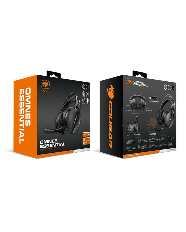 Cougar Omnes Essential gaming headset with microphone, black design, connected to a plug-and-play gaming console.