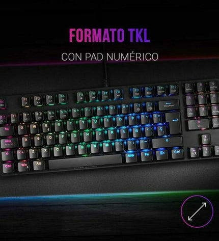 Mars Gaming MKREVO PRO LED RGB gaming keyboard with colorful backlit keys, designed for electronic gaming and plug-and-play consoles.