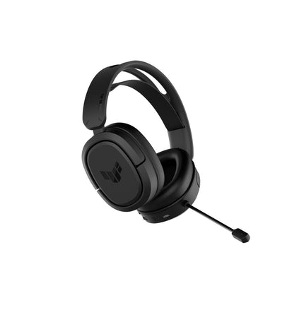 Wireless Asus H1 gaming headset with microphone in black, featuring over-ear design and built-in audio controls.