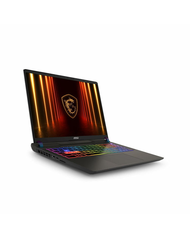 MSI VECTOR 16 HX AI laptop with 16-inch display and 32GB RAM, shown from the front with keyboard and screen visible.