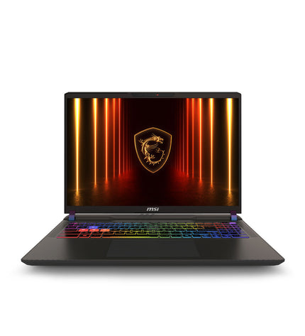 MSI 16-inch laptop with 32GB RAM, 1TB SSD, and RTX 5080 graphics, open showing keyboard and screen.