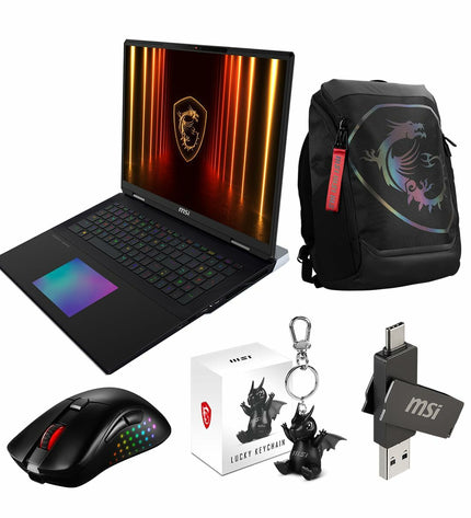 MSI laptop model 9S7-182421-249 with calculator display showing numbers and functions, sleek black design, and keyboard visible.