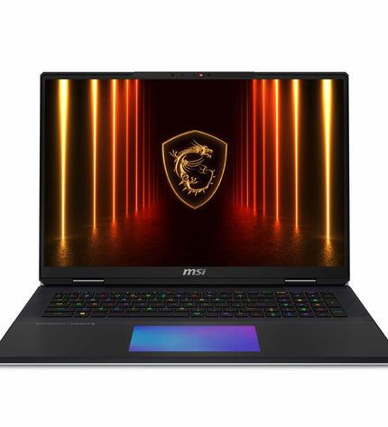 MSI laptop with sleek black design, keyboard, and screen displaying calculation software, model 9S7-182421-249.