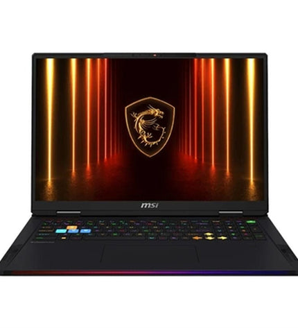 MSI laptop with sleek black design and keyboard, pictured from a side angle, showing the brand logo on the lid.