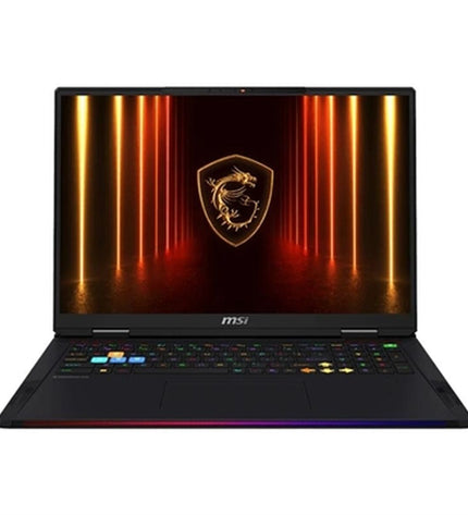 MSI 18-inch gaming laptop with 32GB RAM, 2TB SSD, NVIDIA GeForce RTX 5090 GPU, sleek black design, front view.