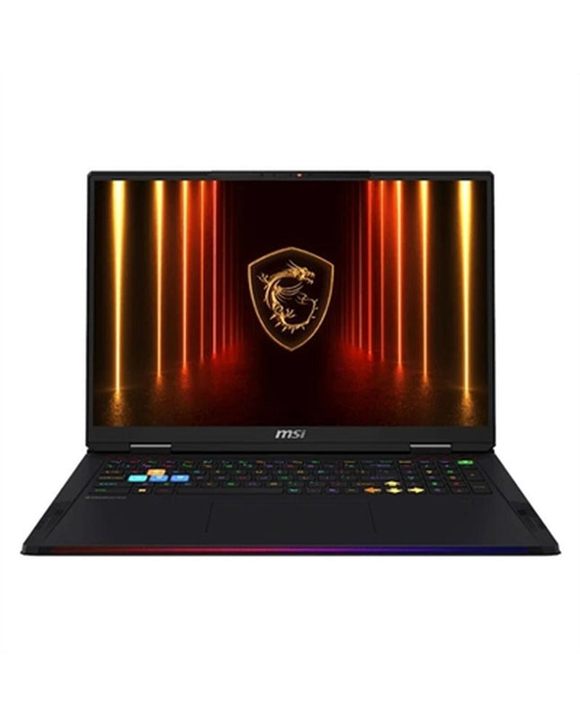 MSI 18-inch gaming laptop with 32GB RAM, 2TB SSD, NVIDIA GeForce RTX 5090 GPU, sleek black design, front view.