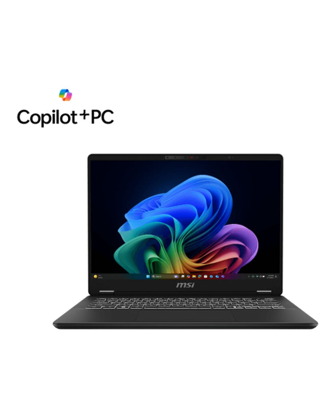 MSI 14-inch laptop with 16GB RAM and 1TB SSD, shown from the side with keyboard and screen visible.