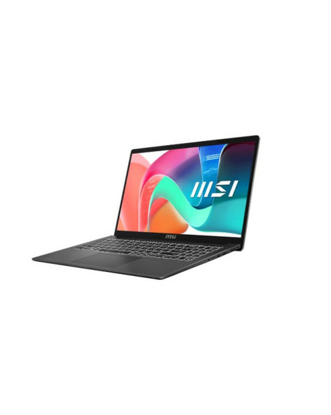 MSI 14-inch laptop with 16GB RAM and 512GB SSD, showing the sleek silver design and keyboard in the image.