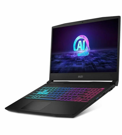 MSI laptop HXB14WFK-209XFR with 15.6-inch display, 16GB RAM, and 512GB SSD, showing the laptop's screen and keyboard.
