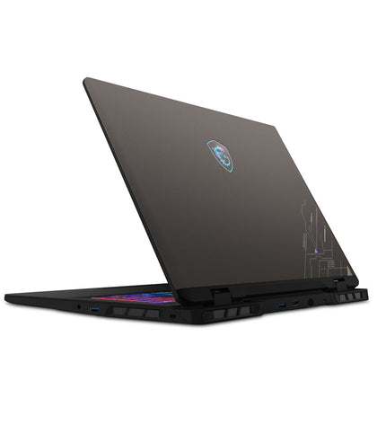 MSI 17-inch laptop with 32 GB RAM and 1 TB SSD, sleek black design, open showing keyboard and screen.