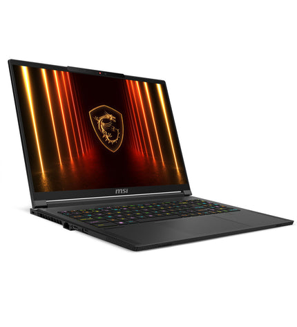 MSI 16-inch gaming laptop with GeForce RTX 5060 graphics and 2TB SSD, showing the sleek design and keyboard.