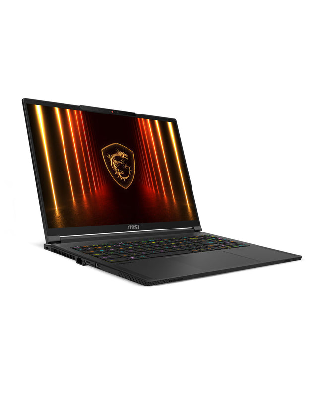 MSI 16-inch gaming laptop with GeForce RTX 5060 graphics and 2TB SSD, showing the sleek design and keyboard.