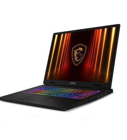MSI 16-inch laptop with 32GB RAM, 2TB SSD, and GeForce RTX 5060 graphics, shown with open screen and keyboard.
