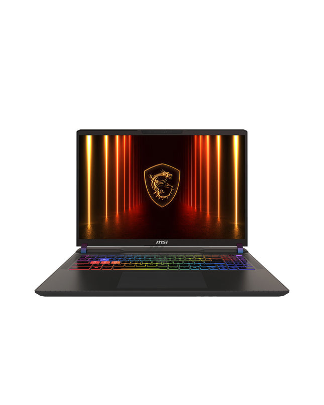 MSI 16-inch laptop with 32GB RAM, 2TB SSD, NVIDIA GeForce RTX 5060 graphics, sleek black design with keyboard and screen visible