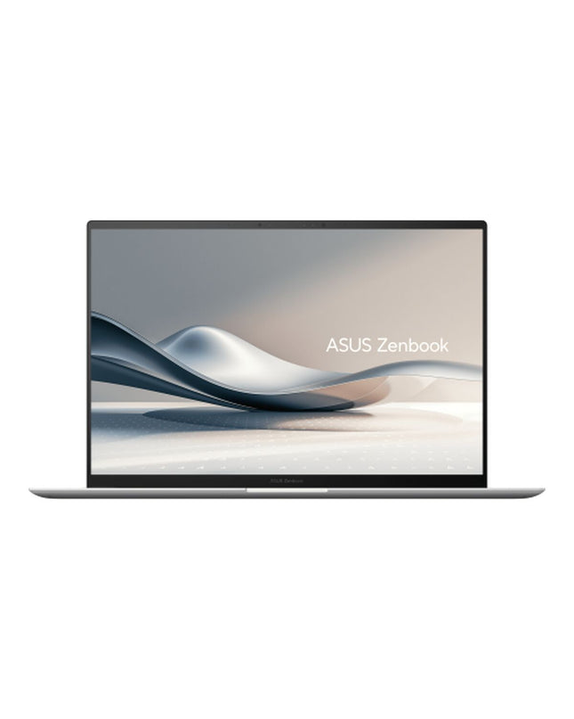 Asus 14-inch laptop with 32GB RAM, 1TB SSD, Intel Core Ultra 7 processor, showing the device's sleek design and keyboard.