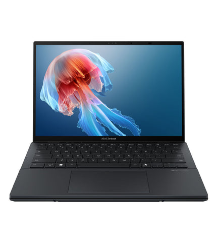Asus 14-inch laptop with 32GB RAM, 1TB SSD, QWERTY keyboard, Spanish layout, sleek design and laptop screen visible.