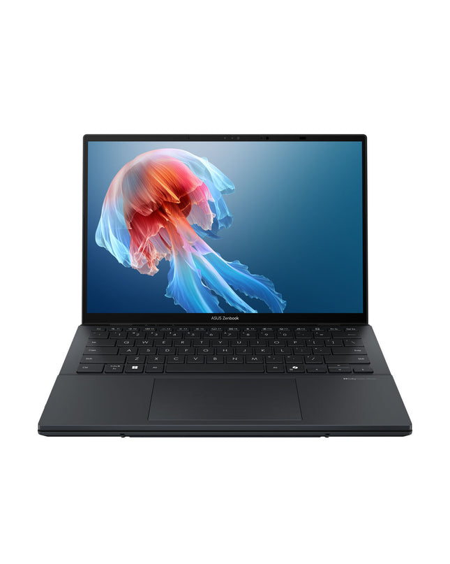 Asus 14-inch laptop with 32GB RAM, 1TB SSD, QWERTY keyboard, Spanish layout, sleek design and laptop screen visible.