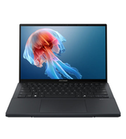 Asus 14-inch laptop with 32GB RAM, 1TB SSD, Qwerty Spanish keyboard, showcasing the sleek design and open screen.
